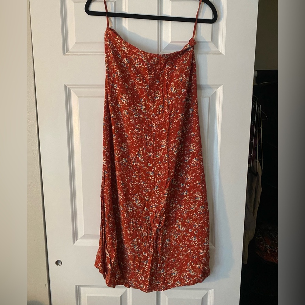 Maeve Anthropologie red floral maxi skirt with slit on side